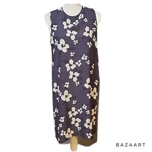 THEORY NAVY BLUE FLORAL SILK SLEEVELESS A-LINE DRESS sz 8